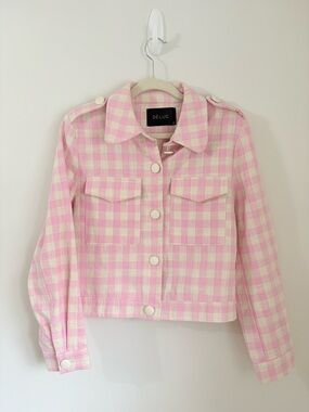 DELUC Pink Cream Checkered Gingham Shirt Jacket Womens M Coquette Preppy Spring